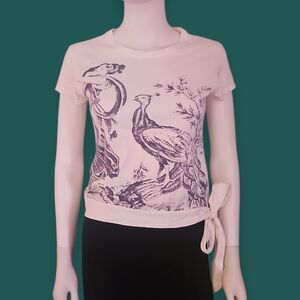 KAMISETA White Graphic Peacock Waist Tie Short Sleeve Baby Tee